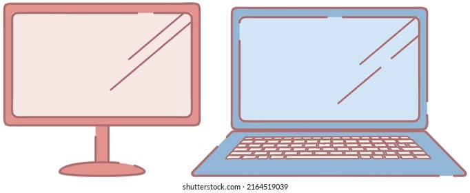 Set of different computers, devices. Computer monitor and portable, folding personal laptop. Portable smart screen with keyboard. Information and media output equipment isolated on white background