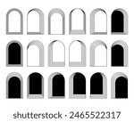 Set of different concentric arch frames isolated on white background. Geometric arc shapes in trendy bohemian style. Window, door or gate silhouettes in archway form. Vector graphic illustration.