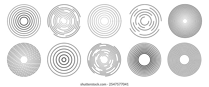 Set of different concentric ripple circles vector set. Radial signal, sonar wave, soundwave icons