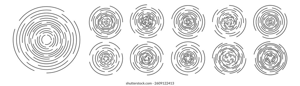 Set of different concentric ripple circles vector element. Radial signal, sonar wave, soundwave icons