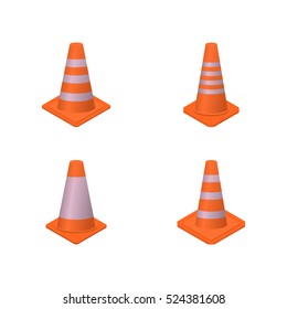 Set of different cone signs road repairs in an isometric style, isolated on white background. Design elements for the reconstruction, vector illustration.