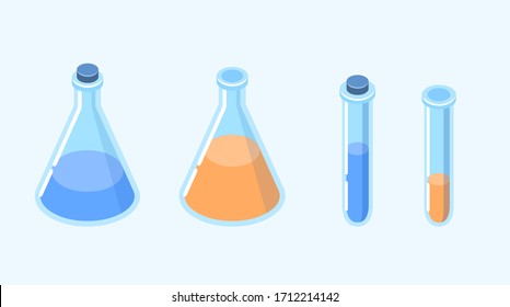 Conjunto de diferentes conos y tubos de ensayo de diferentes formas con líquido multicolor en su interior. Elegante ilustración isométrica aislada vectorial en un fondo blanco.