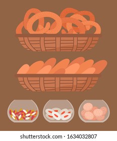 Set of different confectionery in bakeshop. Cookies, bread and candies on rack in market or bakery. Delicious pastry, tasty pretzels and baguette. Vector illustration of bakehouse in flat style