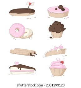 Set of different confectionery products. Donuts, sweet rolls, cake, cheesecake, cake.