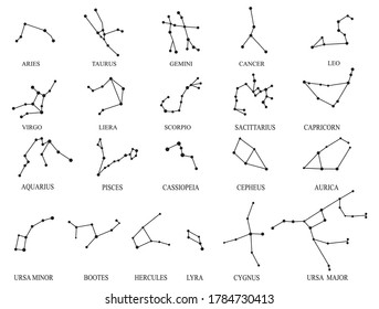 Set of different constellations. Collection of stellar bodies and luminaries. Universe. Zodiac sign of with glowing lines and points. Star chart. Astrological. Vector illustration for planetarium.