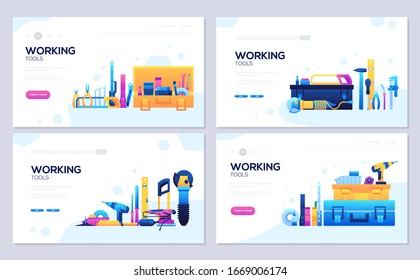 Set Of Different Construction Company Elements On Abstract Purple. Working Tools Icons Items Design. Web Banner, Ui Header, Enter Site. Invitation Concept Background. Layout Modern Slider Page