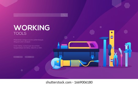 Set of different construction company elements on abstract purple. Working tools icons items design. web banner, ui header, enter site. Invitation concept background. Layout modern slider page