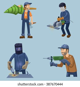 Set of different construction workers in different situations. Cheerful lumberjack standing with a tree, worker with a saw, drill, welding machine. Vector illustration