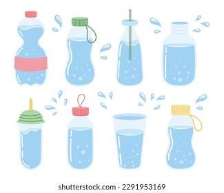 A set of different containers with clean water, glasses, bottles. The concept of drinking water. Vector