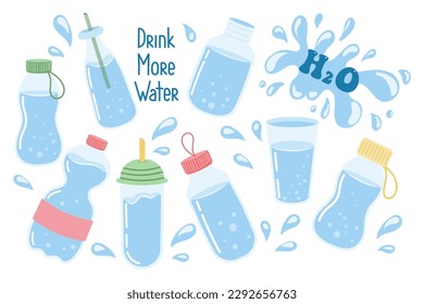 A set of different containers with clean water, glasses, bottles. The concept of drinking water. Vector