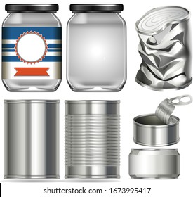 Set of different containers made of glass and aluminium illustration