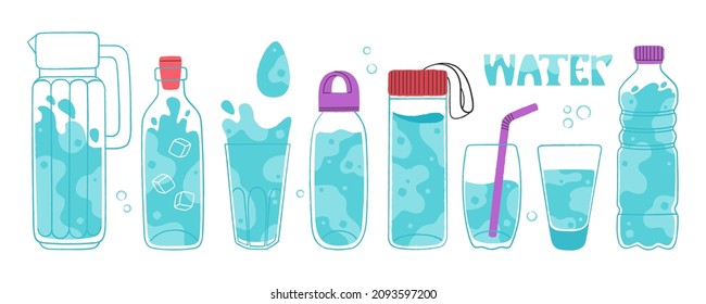 Conjunto de diferentes recipientes con agua. Salto, botellas, gafas con agua y agua con inscripción. Bebe más. Motivación para un estilo de vida saludable. Ilustración vectorial dibujada a mano, estilo moderno de dibujos animados planos.