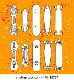 Set of different contour board for skateboarding on Blob doted background.
Skateboard, penny, long and others