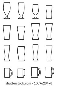 Set of different contour silhouettes beer glasses isolated on white background. Glass collection. Alcohol drinks glasses set outline vector illustration.
