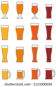 Set of different contour silhouettes beer glasses isolated on white background. Glass collection. Alcohol drinks glasses set outline vector illustration. 