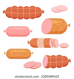 A set of different cooked sausages. Meat product. food. Vector illustration.
