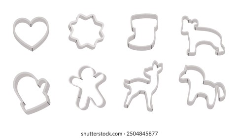 Set of different cookie cutters. Gingerbread cutter molds, raw dough.  Shaped cutter for fruit and cookie vector cartoon set isolated on a white background. Homemade bakery preparing with dough.