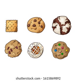 Set of different cookies on isolated white background. Traditional pastry. Vector illustration