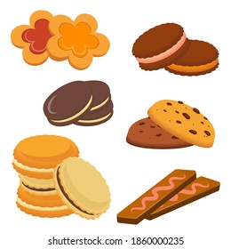 Set of different cookies on a white background. Sponge cake, chocolate, gingerbread, jam, cracker, muffin. Bakery products. Cooking. Dessert.