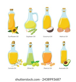 Conjunto de diferentes aceites de cocina en botellas de vidrio, semillas y plantas. colección de botellas de aceite vegetal con girasol, soja, coco, nuez, canola, oliva, maní, aguacate. ilustración vectorial.