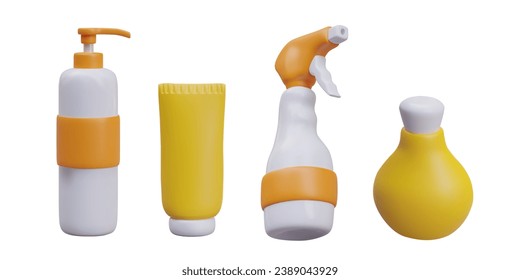 Set of different cosmetic product with orange and yellow elements. Cream, shampoo, spray bottle with detergent. Vector illustration in 3d style with white background