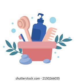 Set of different cosmetics, bottles, jars, body butter, cream. Eco beauty products with leaves. Vector illustration