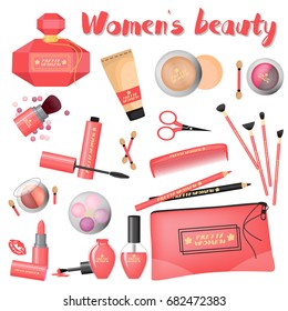 A set of different cosmetics on a white background.