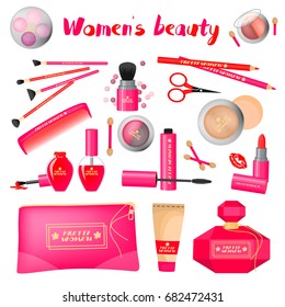 A set of different cosmetics on a white background.
