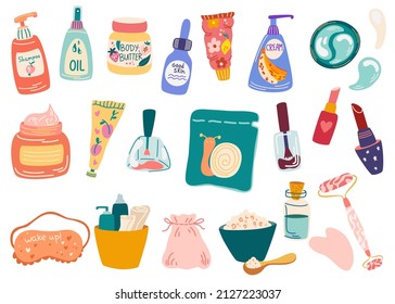 Set of different cosmetics. Organic cosmetics and makeup items in bottles, tubes and jars. Body, hair and skin care products. Hand Drawn Cartoon Vector illustration isolated on white background