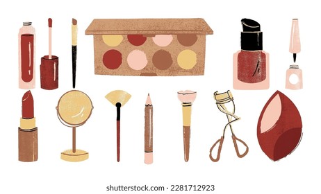 Set of different  cosmetics. Template of make up containers for lip gloss, contouring, serum, lipstick, mirror, make up brush and pencil, eyelash curler and makeup sponge. Vector illustration isolate