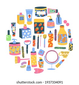 Set of different cosmetics, tubes, bottles, jars, body butter, lotion, cream, lipstick. Collection of colourful skincare and eco beauty products on white background with leaves.