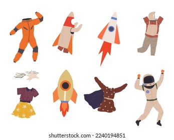 Set of different costumes for people at space party. Clothes for astronauts characters, explorers. Outfit for holiday in cosmic style. Men and women in creative suits for costume party entertainment