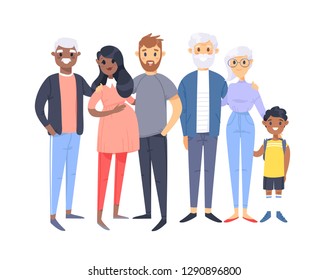 Set of different couples and families. Cartoon style people of different races, nationalities (caucasian and african american), ages (young and elderly), with baby, boy, girl, pregnant woman