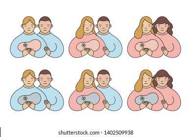 Set of different couples and families. Cartoon style people with baby, boy, girl, pride, LGBT, lesbian, gay, bisexual, and transgendered.