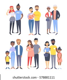 Set of different couples and families. Cartoon style people of different races, nationalities (white, black and asian), ages (young and elderly), with baby, boy, girl, pregnant woman