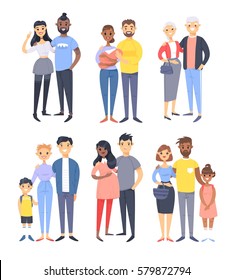 Set of different couples and families. Cartoon style people of different races, nationalities (white, black and asian), ages (young and elderly), with baby, boy, girl, pregnant woman