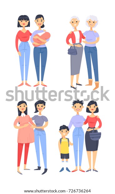 Set Different Couples Lesbians Families Cartoon Stock Vector Royalty