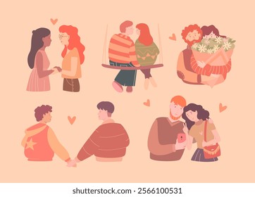 A set of different couples in love celebrating Valentine's Day, giving flowers, taking selfies, holding hands, hugging, smiling. Retro style
