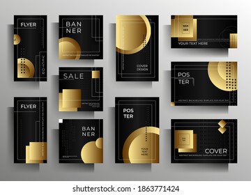 Conjunto de diferentes plantillas de portada para banner, afiche, volante. Fondo geométrico negro y dorado. Vector 10 EPS.