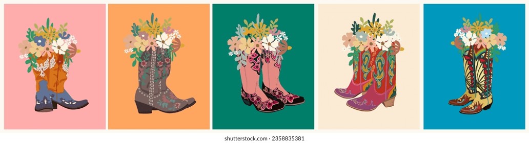 Set of different Cowboy boots with flowers. Collection of Vintage Cowgirl boots with Wild West ornaments. Hand drawn trendy Vector illustrations isolated on colorful backgrounds