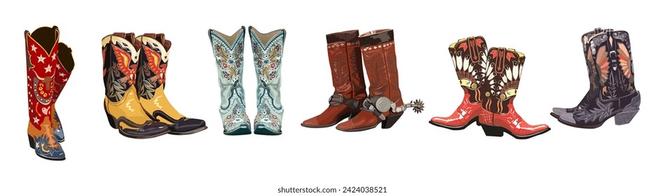 Set of different cowboy boots vector isolated.