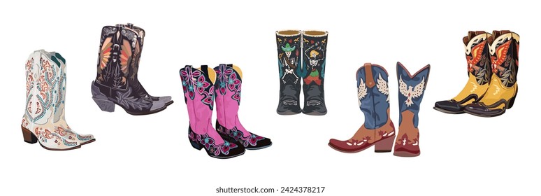 Set of different cowboy boots vector isolated.