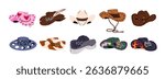 Set of different cowboy hats. Cute pink, decorated caps for cowgirls. Wild West headgears. Western American headwear. Leather head accessories. Flat isolated vector illustrations on white background