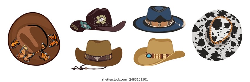 Conjunto de diferentes sombreros de vaquero con decoraciones occidentales tradicionales. Estilo de moda del oeste salvaje. Sombreros de vaca Vector ilustraciones realistas aisladas sobre fondo blanco.	