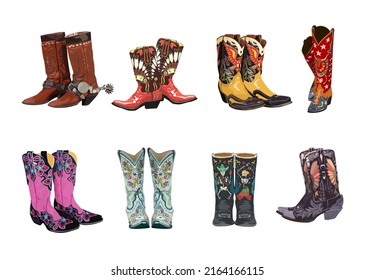 Set of different cowgirl boots. Big collection various traditional cowboy boots. Wild West fashion style. Hand drawn realistic vector art illustration isolated on white background.