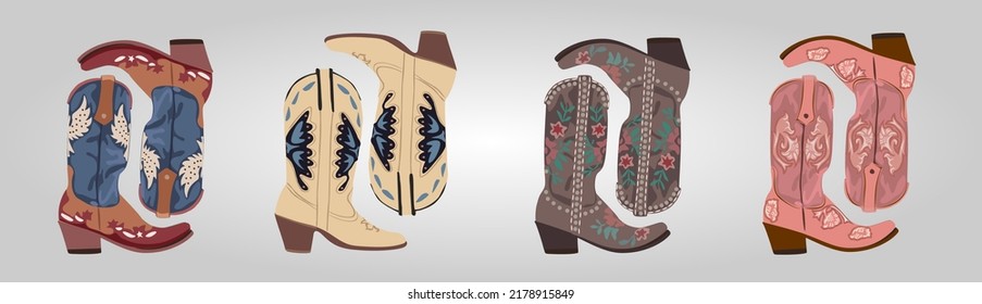 Set of different cowgirl boots. Collection various traditional cowboy boots. Wild West fashion style. Hand drawn realistic vector art illustration isolated on white background.