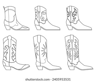 Set of different cowgirl boots outline. Traditional western cowboy brown boots decorated with embroidered wild west elements. Vector art illustrations isolated on white background