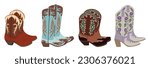 Set of different cowgirl boots. Traditional western cowboy boots decorated with embroidered wild west elements. Realistic vector art illustrations isolated on white background. Digital stickers