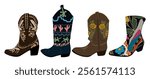 Set of different cowgirl boots. Traditional western cowboy boots decorated with embroidered wild west ornament. Vector illustrations on white background.