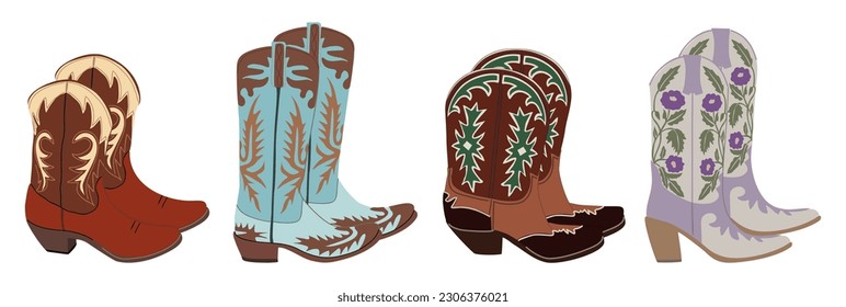 Set of different cowgirl boots. Traditional western cowboy boots decorated with embroidered wild west elements. Realistic vector art illustrations isolated on white background. Digital stickers